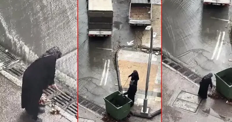 İstanbul da taşkın oluşmaması için bastonu ile mazgaldaki yaprakları temizledi