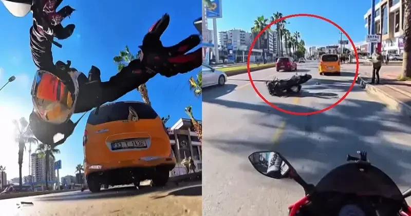 Motosikletin taksiye çarptığı kaza, kask kamerasında