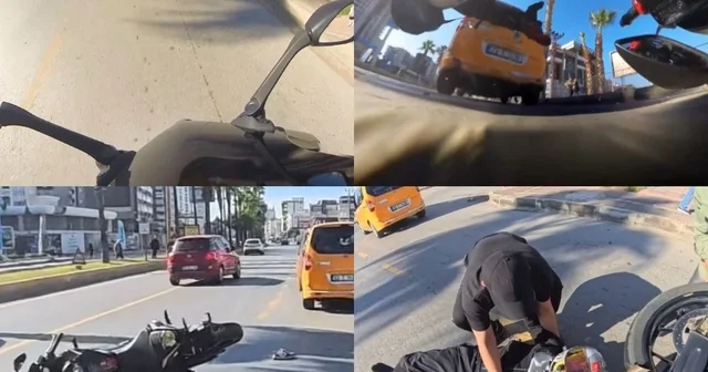 Motosiklet sürücüsü kaskı sayesinde yara almadan kurtuldu Mersin de kaza anı kask kamerasına yansıdı Mersin Haberleri