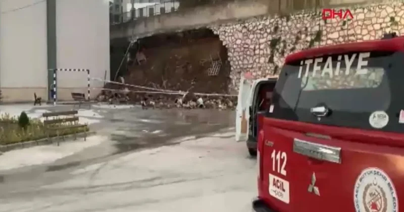 İstinat duvarı okul bahçesine çöktü: O anlar kamerada
