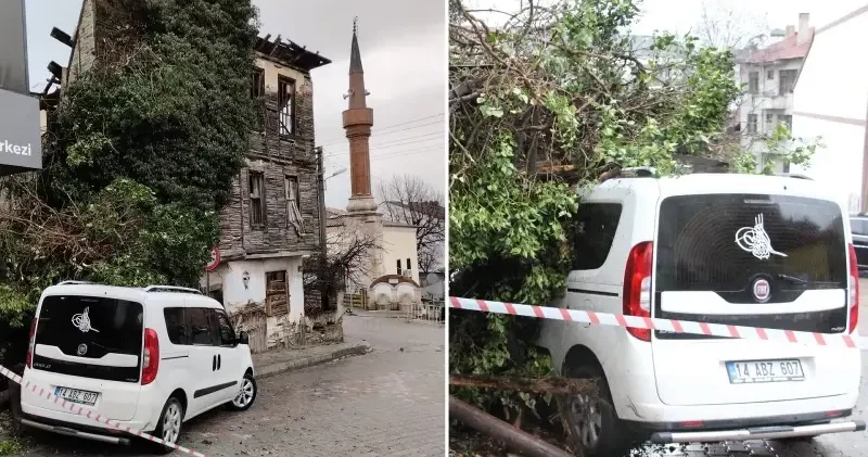3 katlı metruk binanın bir kısmı park halindeki aracın üstüne çöktü Bolu Haberleri