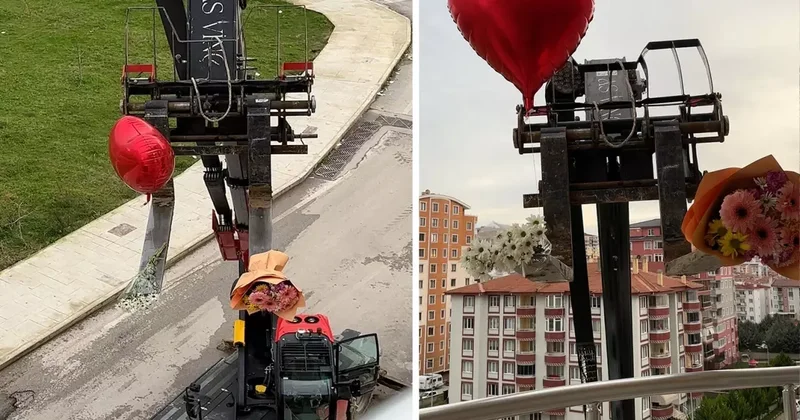 Sevgililer Günü nü unuttu, iş makinesiyle balkona çıkarttığı güllerle gönül aldı