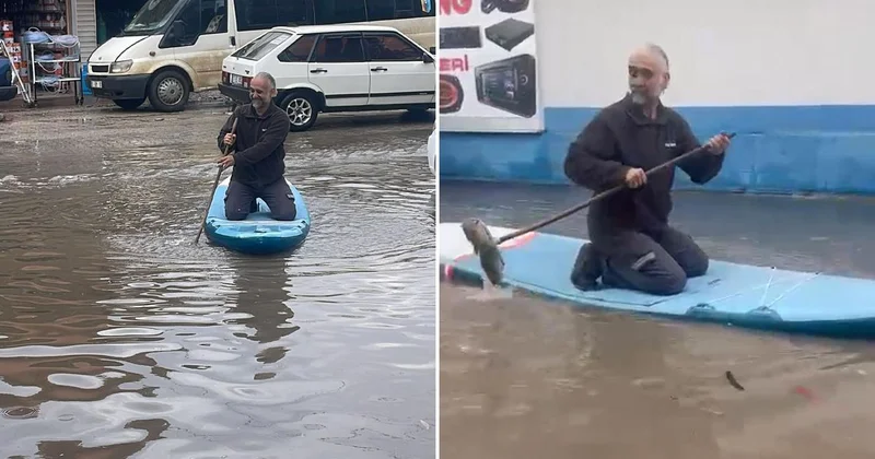 Adana da esnaf sel suyunda sörf yaptı