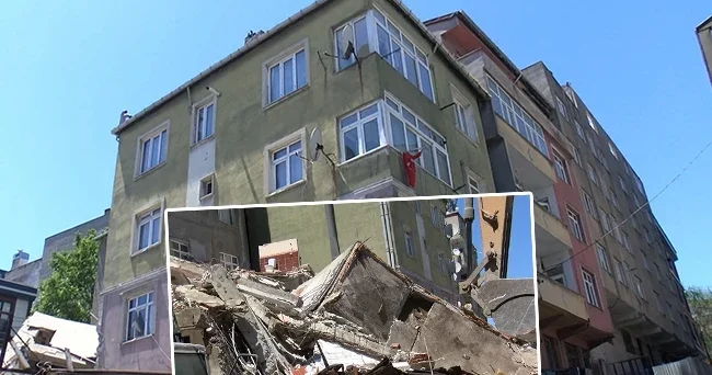 Yıkımı yapılan bina bitişiğindeki binanın üzerine çöktü