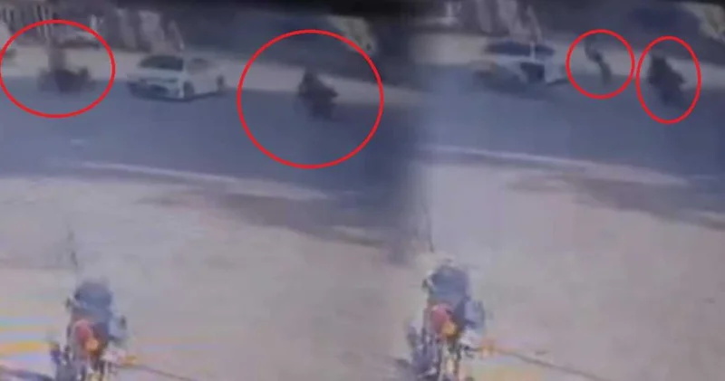 Akılalmaz kaza kamerada! Kazada savrulan motosikletli yoldaki yaşlı çifte çarptı