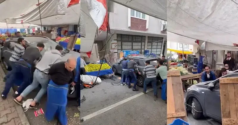 Kağıthane de tezgah açamayınca pazar yerinde bırakılan aracı elbirliğiyle kaldırdılar; o anlar kamerada
