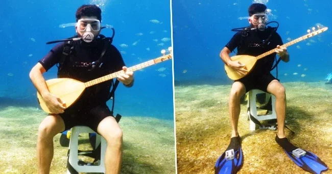 5 metre derinliğe dalan sanatçı, Neşet Ertaş türküsü söyledi! Halini böyle gerçekleştirdi