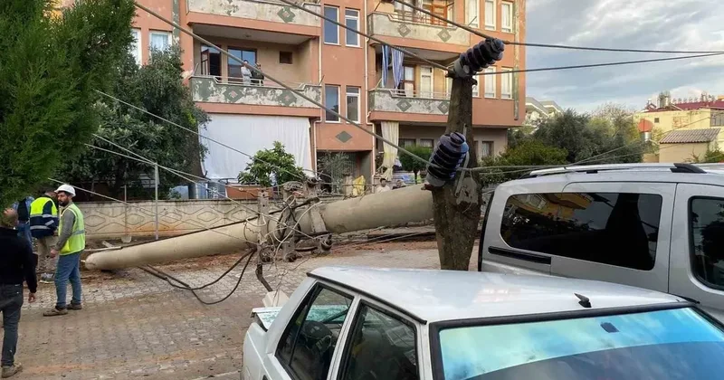 Devrilen elektrik direği otomobile çivi gibi saplandı