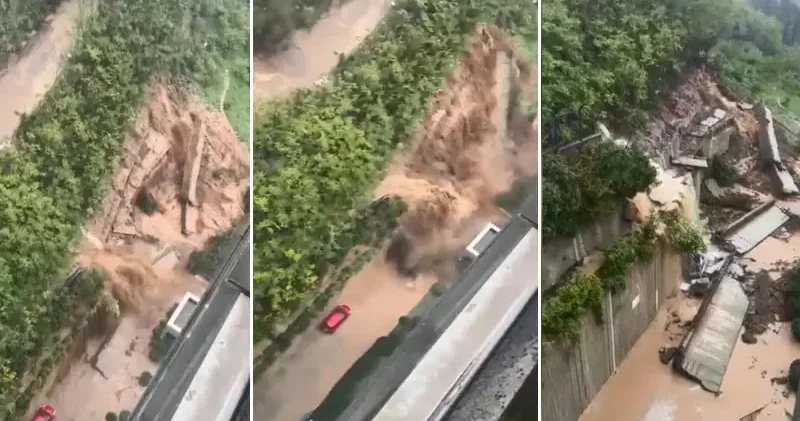 Sarıyer’de sel sularının istinat duvarlarını yıkıp siteye dolduğu anlar kamerada