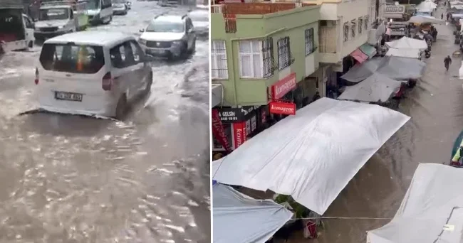 Kent 15 dakikada sağanak yağışa teslim oldu: Yollar göle döndü, ev ve iş yerlerini su bastı