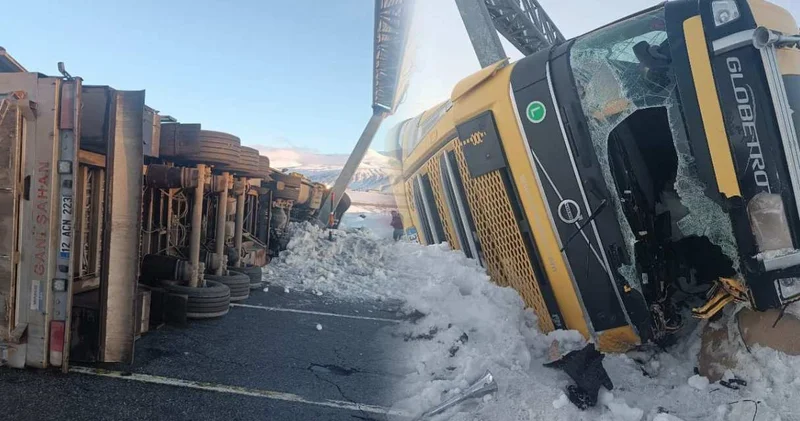 2 tır buzlanan yolda devrildi! Sürücü yaralandı, 10 büyükbaş hayatını kaybetti