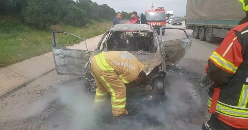 Biga bandırma karayolunda çıkan araç yangını söndürüldü