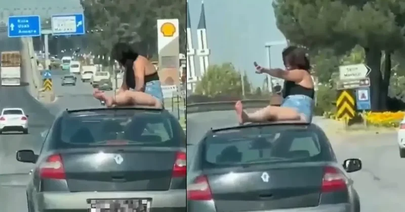 Tepki çeken görüntüler! Aracın tavanına çıkıp öyle şeyler yaptı ki...