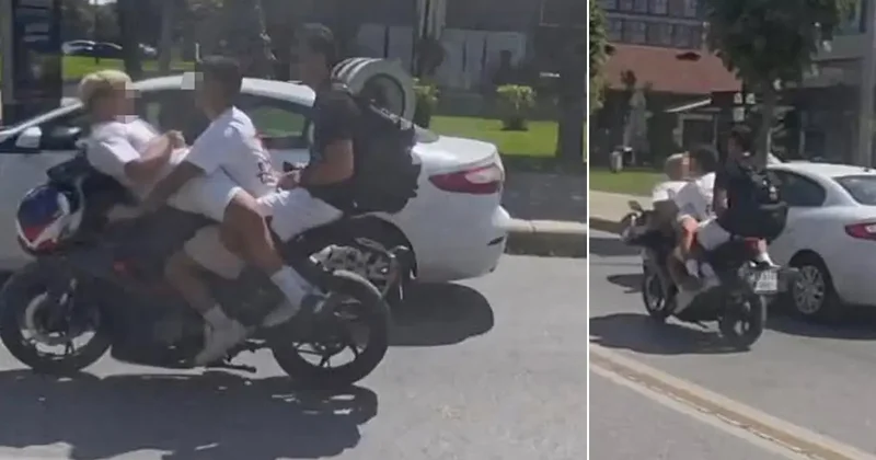 Motosiklete ters oturarak yaptıkları kasksız yolculuk pes dedirtti