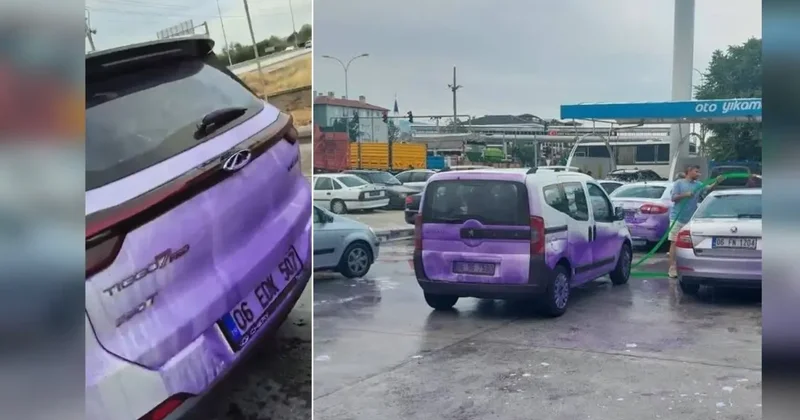 Otomobiller mora boyandı: Yola dökülen boya araç sahiplerini çıldırttı!