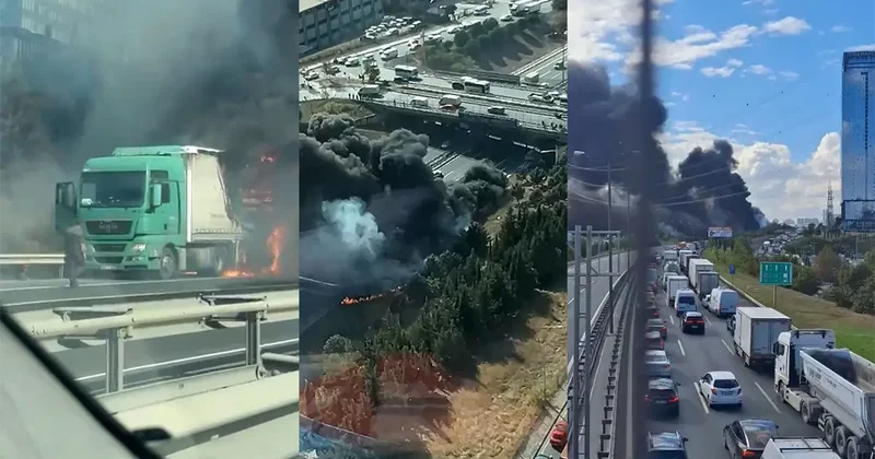 Son dakika TEM Otoyolu nda kapkara dumanlar yükseliyor: TIR da yangın çıktı