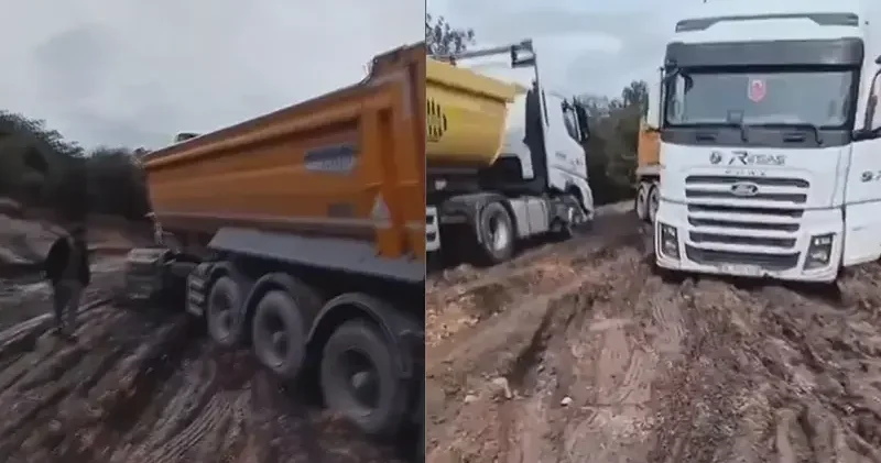 Çatalca’da sağanak sonrası yol bataklığa döndü; kamyonlar mahsur kaldı