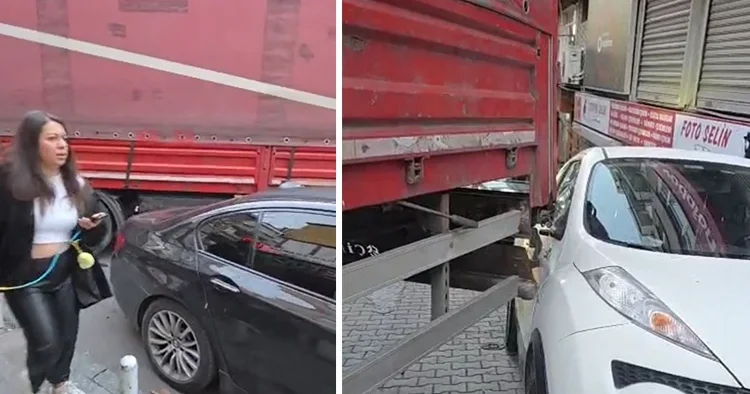 İstanbul da dar sokağa giren TIR, otomobilleri haşat etti Mahalleli kadın: Linç edileceksin