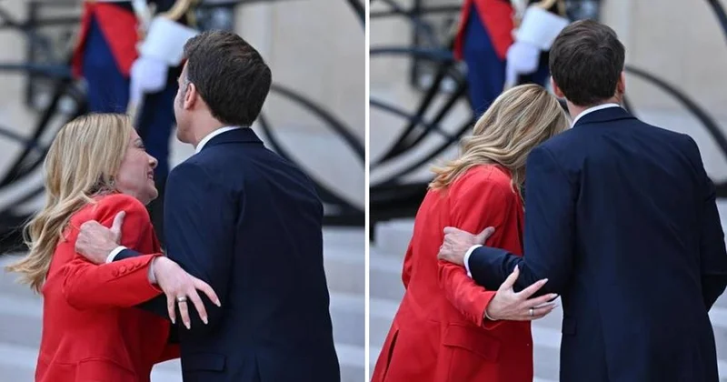 Fransa da First Lady’yi çileden çıkaracak samimiyet, Macron Meloni yi öperek karşıladı