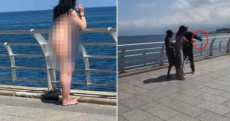 Sahilde çıplak dolaşan kadına saldırı! O anlar kamerada