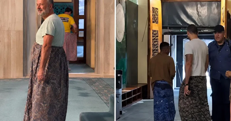 Bursa da erkek turistler camiye etek giyerek girdi