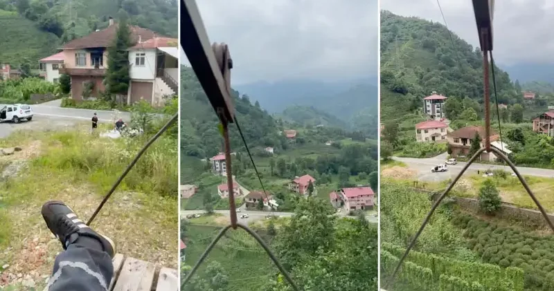 İlkel teleferikle tehlikeli yolculuk kamerada