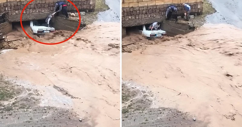 Nevşehir Ürgüp te selde sıkışan araçta mahsur kalanlar cam kırılarak tahliye edildi