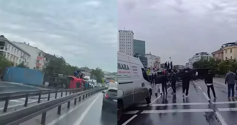 Büyükçekmece D 100 Karayolu nda devrilen TIR kaldırıldı