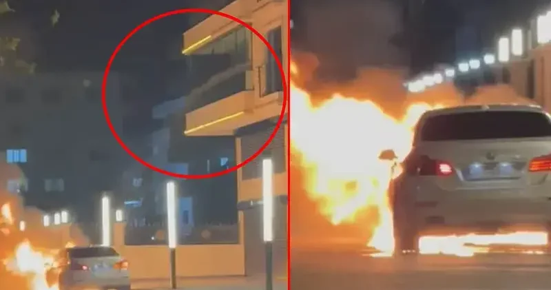 Alev alan otomobile, balkondan hortumla su sıktı; o anlar kamerada