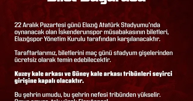 Elazığspor yönetimi, İskenderunspor maçının biletlerini ücretsiz dağıtacak Elazığ Haberleri