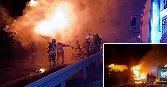 Hatay da feci kaza: Bariyerlere çarpıp devrilen TIR alev aldı! 2 kişi hayatını kaybetti