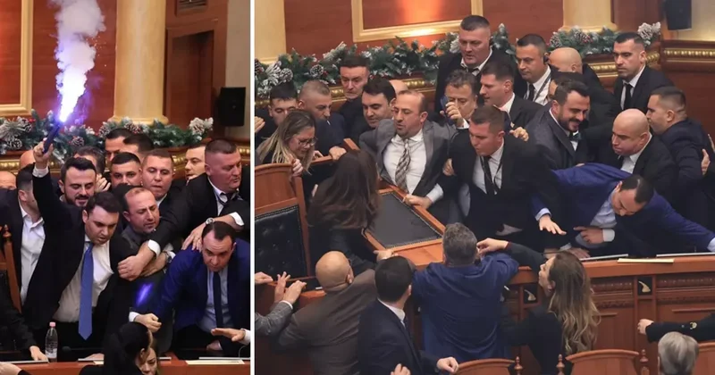 Arnavutluk ta Meclis karıştı! meşale yakıp birbirilerine girdiler
