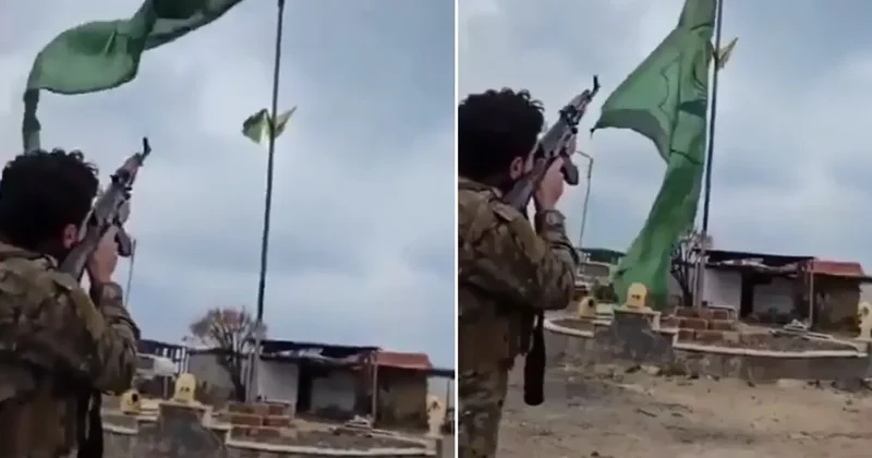 Komşuda tarihi an! Terör örgütünün sözde bayrağını silahla vurarak düşürdü