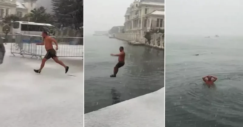 Kar yağışına aldırış etmedi: 6 derecede deniz keyfi