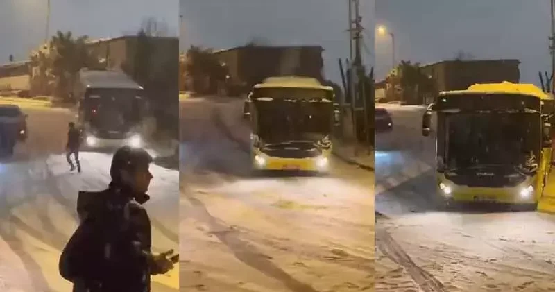 Alibeyköy’de karda kayan İETT otobüsü kamerada