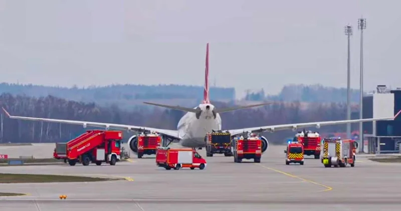 THY uçağı Münih’e iner inmez itfaiye ekipleri harekete geçti