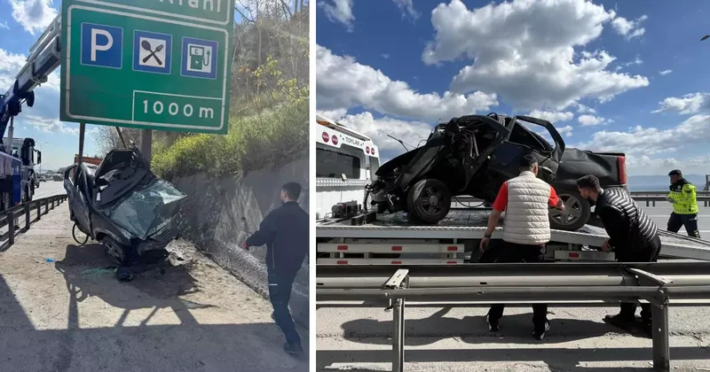 TEM’de yön levhasına saplanan araç bu hale geldi: Sürücüsü yaralı kurtuldu