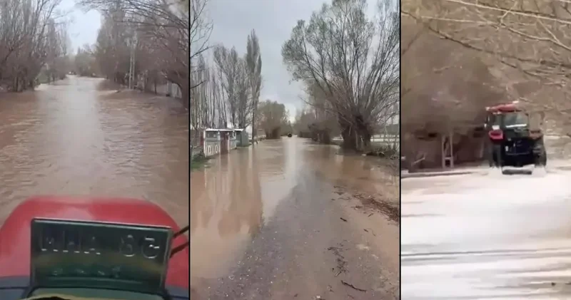 Sivas ta Kızılırmak taştı: Köye ulaşım traktörlerle sağlanıyor!