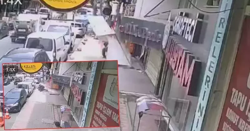 Gaziosmanpaşa’da takmaya çalıştığı tabelayla kaldırımda bekleyen kişinin üzerine düştü