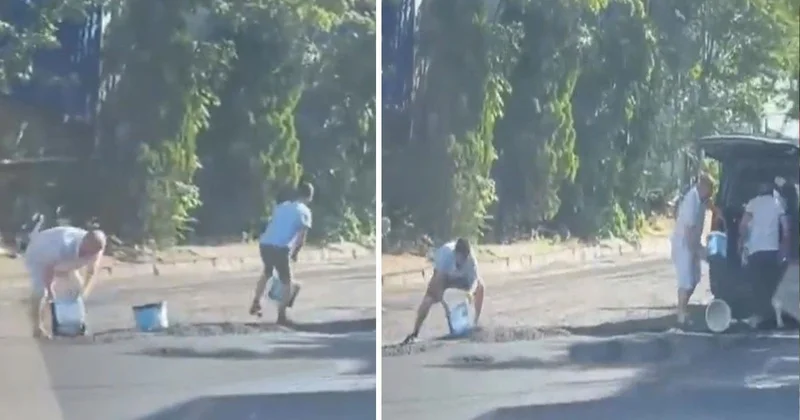 Yola yeni dökülen sıcak asfaltı kovalarla çaldılar