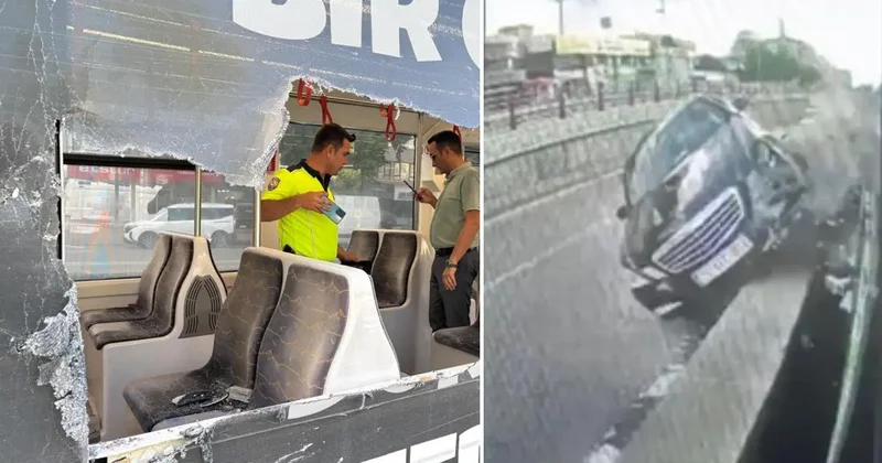 Otomobilin çarptığı refüjden kopan taşlar tramvaydan içeri girdi: 4 yolcu yaralı