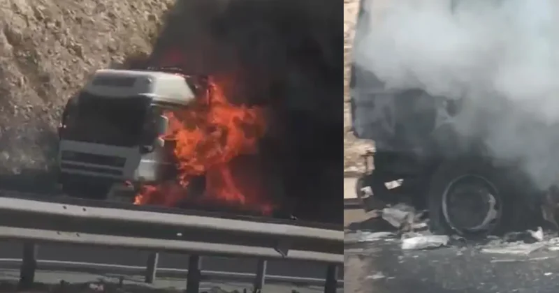 Gaziantep te seyir halindeki tır alevlere teslim oldu