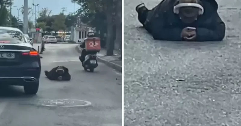 Dünya umurunda değil! Yolun ortasına uzanıp yaptığına bakın