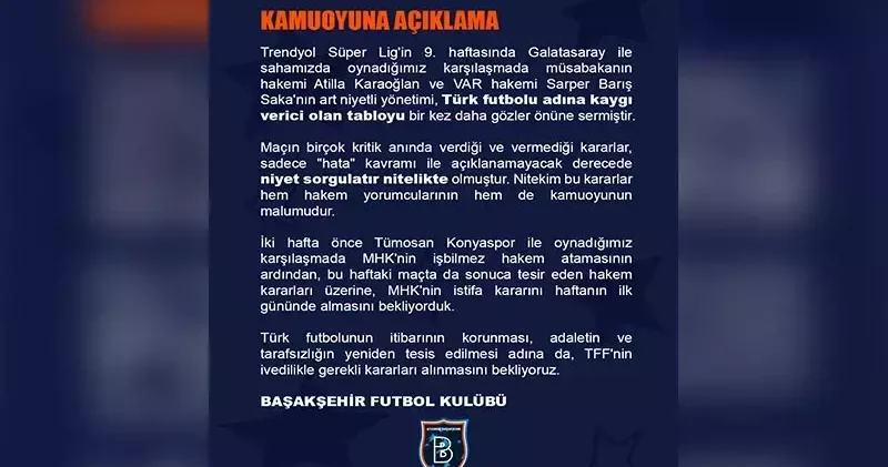 Başakşehir’den, MHK’ye tepki