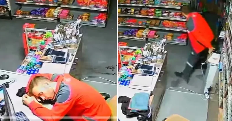 Benzin istasyonunda uyuyakalan çalışanın görüntüsü viral oldu