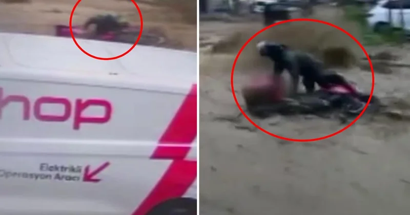 İstanbul da sele kapılan motokurye metrelerce sürüklendi, o anlar kamerada