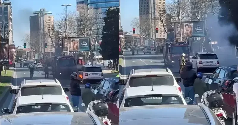 Şişli de cipin lastikleri alev alev yandı; trafik kilitlendi
