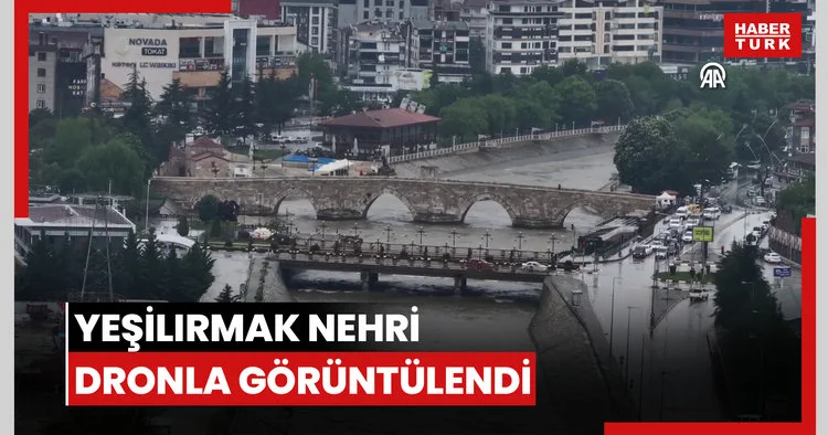 Taşkın riski bulunan Yeşilırmak Nehri dronla görüntülendi
