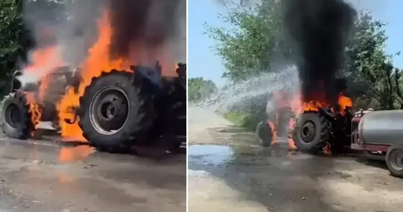 Yangın çıkan traktördeki patlama anı kamerada