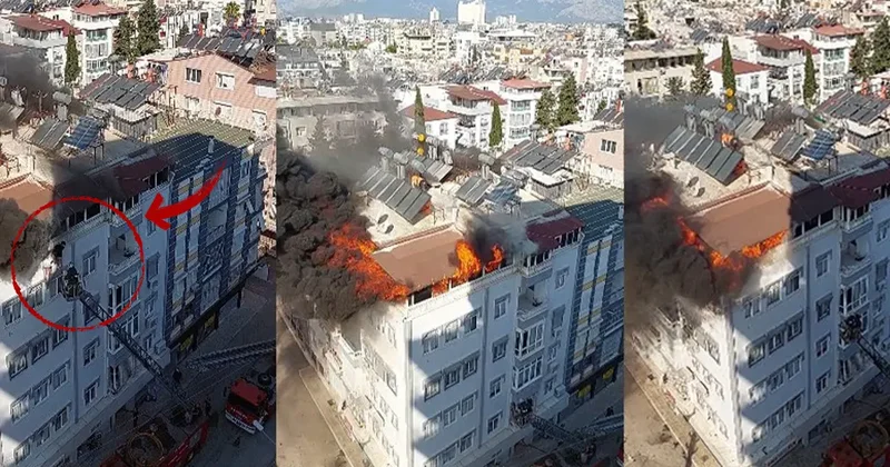 Terasta çıkan yangından kurtulmak için apartmanın duvarında asılı kaldılar
